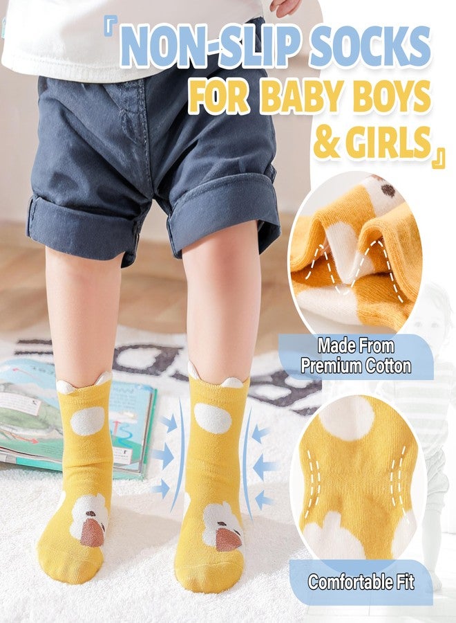 ANTSANG 12 Pairs Baby Toddlers Grips Socks Girls Boys Kids Crew Cotton Non-Slip/Anti-Skid Socks(Pink Yellow white Animal,3-5T) - Image 2
