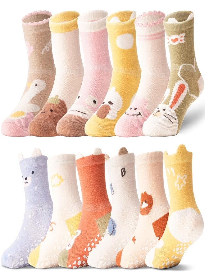 ANTSANG 12 Pairs Baby Toddlers Grips Socks Girls Boys Kids Crew Cotton Non-Slip/Anti-Skid Socks(Pink Yellow white Animal,3-5T) - Image 1