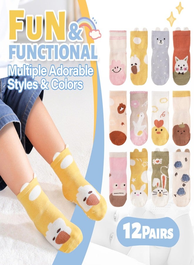 ANTSANG 12 Pairs Baby Toddlers Grips Socks Girls Boys Kids Crew Cotton Non-Slip/Anti-Skid Socks(Pink Yellow white Animal,3-5T) - Image 3