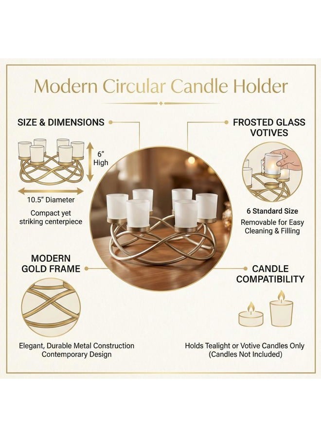 Seraphic Iron Round Table Decor Centerpiece Decorations Candle Holder for Weddings, Outdoor Patio, Kitchen, Dining Room, and Coffee Tables, Glass Votive Tealight Holders, Gold, 6 Frosted Cups - Image 4