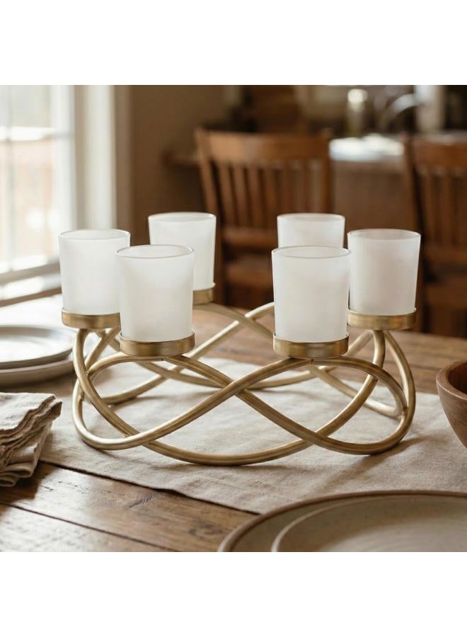 Seraphic Iron Round Table Decor Centerpiece Decorations Candle Holder for Weddings, Outdoor Patio, Kitchen, Dining Room, and Coffee Tables, Glass Votive Tealight Holders, Gold, 6 Frosted Cups - Image 1