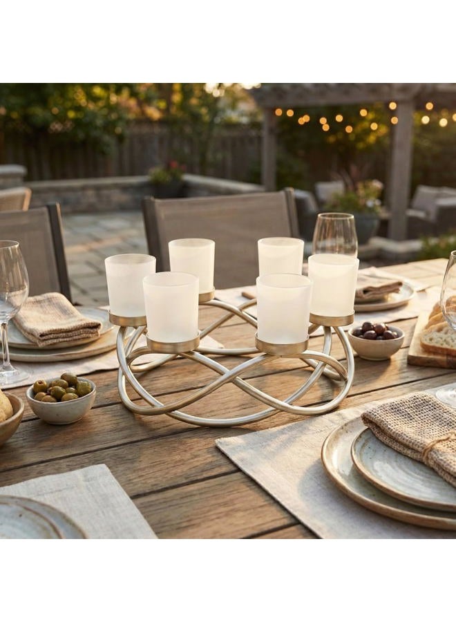 Seraphic Iron Round Table Decor Centerpiece Decorations Candle Holder for Weddings, Outdoor Patio, Kitchen, Dining Room, and Coffee Tables, Glass Votive Tealight Holders, Gold, 6 Frosted Cups - Image 3