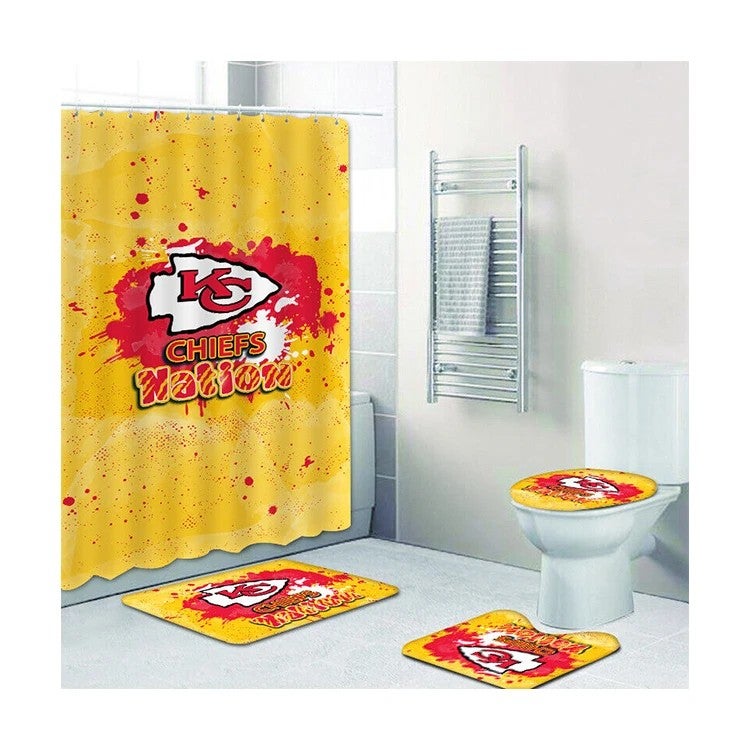 Y&D High Quality Chiefs Bathroom Shower Curtain Toilet Cover Bath Kansas City Mat 4PCS With Shower Curtain and Rugs - Image 2
