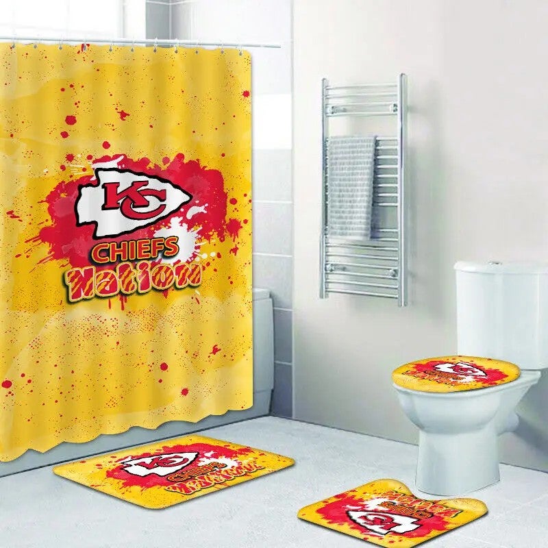 Y&D High Quality Chiefs Bathroom Shower Curtain Toilet Cover Bath Kansas City Mat 4PCS With Shower Curtain and Rugs - Image 1