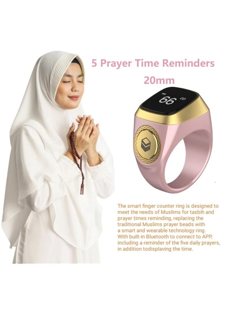 Digital Finger Counter, Smart Tasbeeh Zikr Ring, Rechageable Bluetooth Smart Finger Counter for Prayer Islamic Tasbih Muslims, 5 Prayer Time Reminders Ring (Rose Gold-20mm) - Image 1