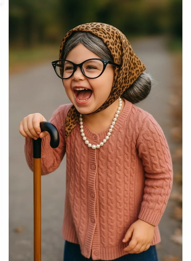 7 Pieces Old Lady Cosplay Set Hair-Friendly Fiber Dress Up Kit Dark Grey Leopard Print 100 Days Of School Halloween Costume Parties Boys Girls Adults Students - Image 3