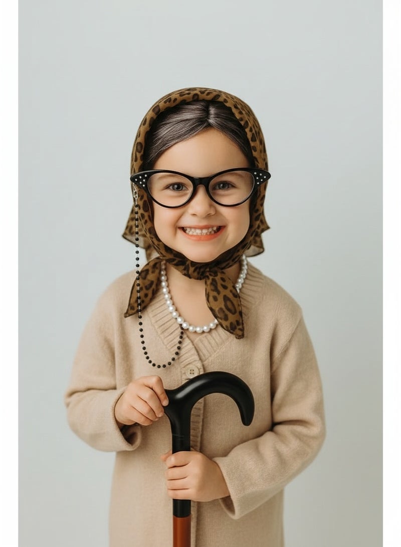 7 Pieces Old Lady Cosplay Set Hair-Friendly Fiber Dress Up Kit Dark Grey Leopard Print 100 Days Of School Halloween Costume Parties Boys Girls Adults Students - Image 2