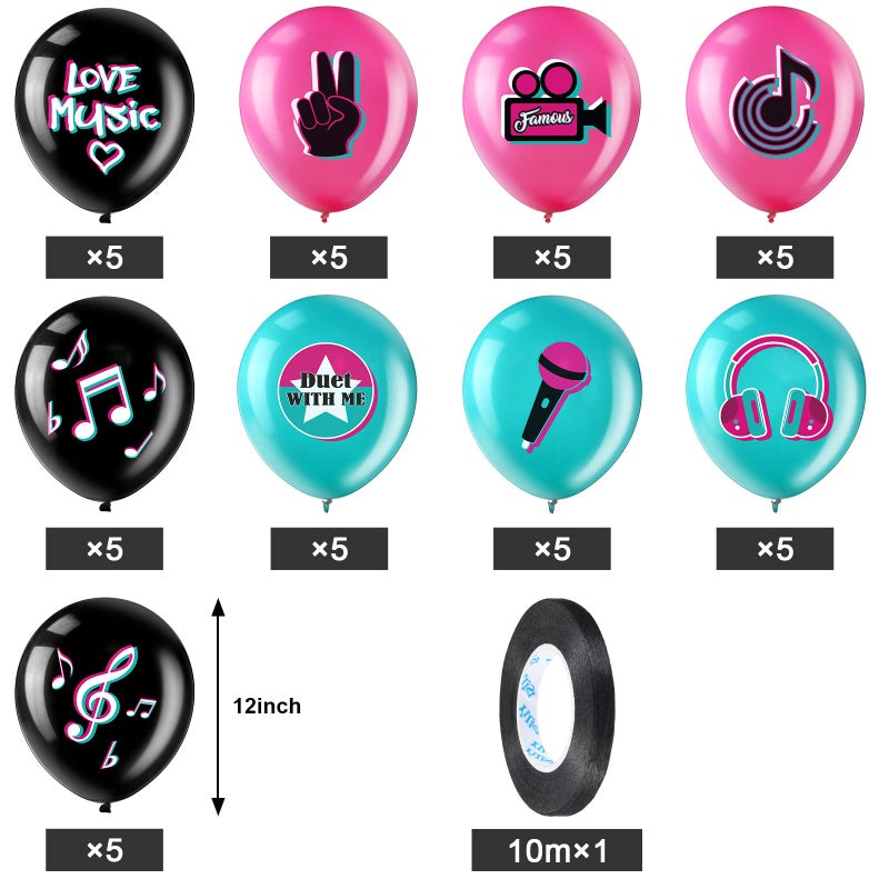 Suilung 45 Pcs 12 Inch Music Party Decorations, Balloons with Music Note Signs, Ribbon Included, Musics Birthday Party Supplies for Karaoke, Dj, Concert and Musics Theme Parties - Image 2