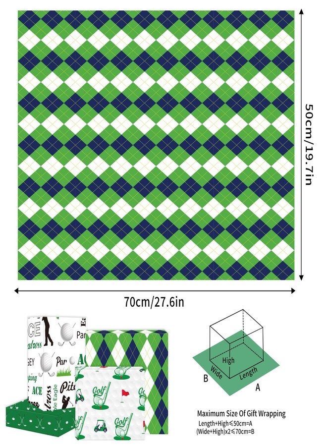 EoBeCy Golf Wrapping Paper for Men Boys, 12 Sheets Golf Gift Wrap with Golf Clubs, Balls, Carts, and Green Argyle Designs, Sports Wrapping Paper for Birthday Retirement (20 x 28 Inches Per Sheet) - Image 2