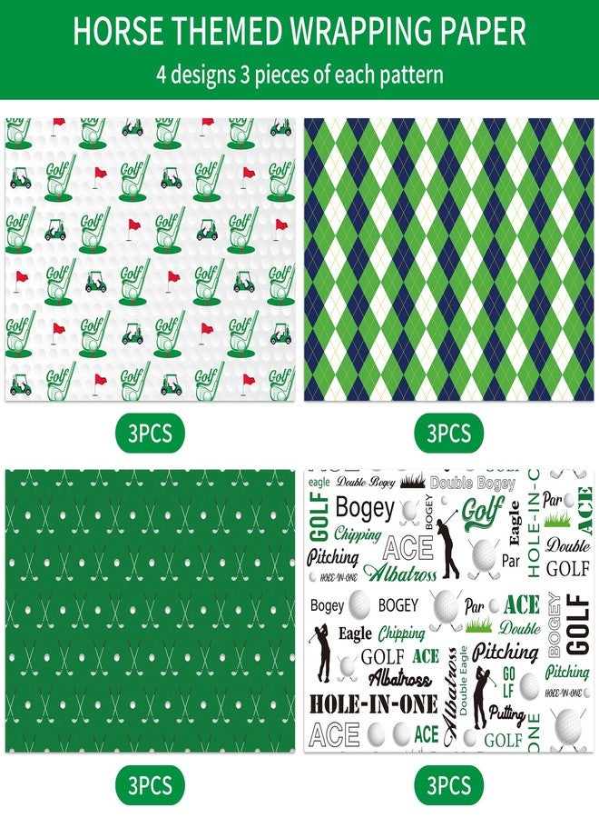 EoBeCy Golf Wrapping Paper for Men Boys, 12 Sheets Golf Gift Wrap with Golf Clubs, Balls, Carts, and Green Argyle Designs, Sports Wrapping Paper for Birthday Retirement (20 x 28 Inches Per Sheet) - Image 3