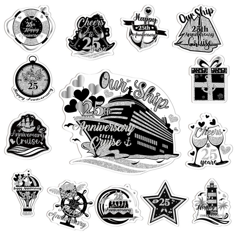 Wxiben 25th Anniversary Cruise Door Magnets - Wxiben 14PCS Cheers to 25 Years Anniversary Cruise Door Decorations Magnetic Magnet Stickers for Married in 1999 Men Women Wedding Cabin Refrigerator Decor - Image 1