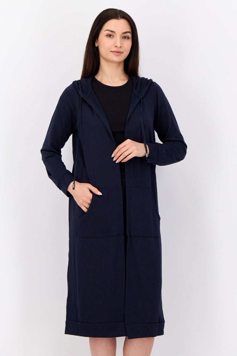 Cyrus Women Hooded Plain Cardigan, Navy - Image 1