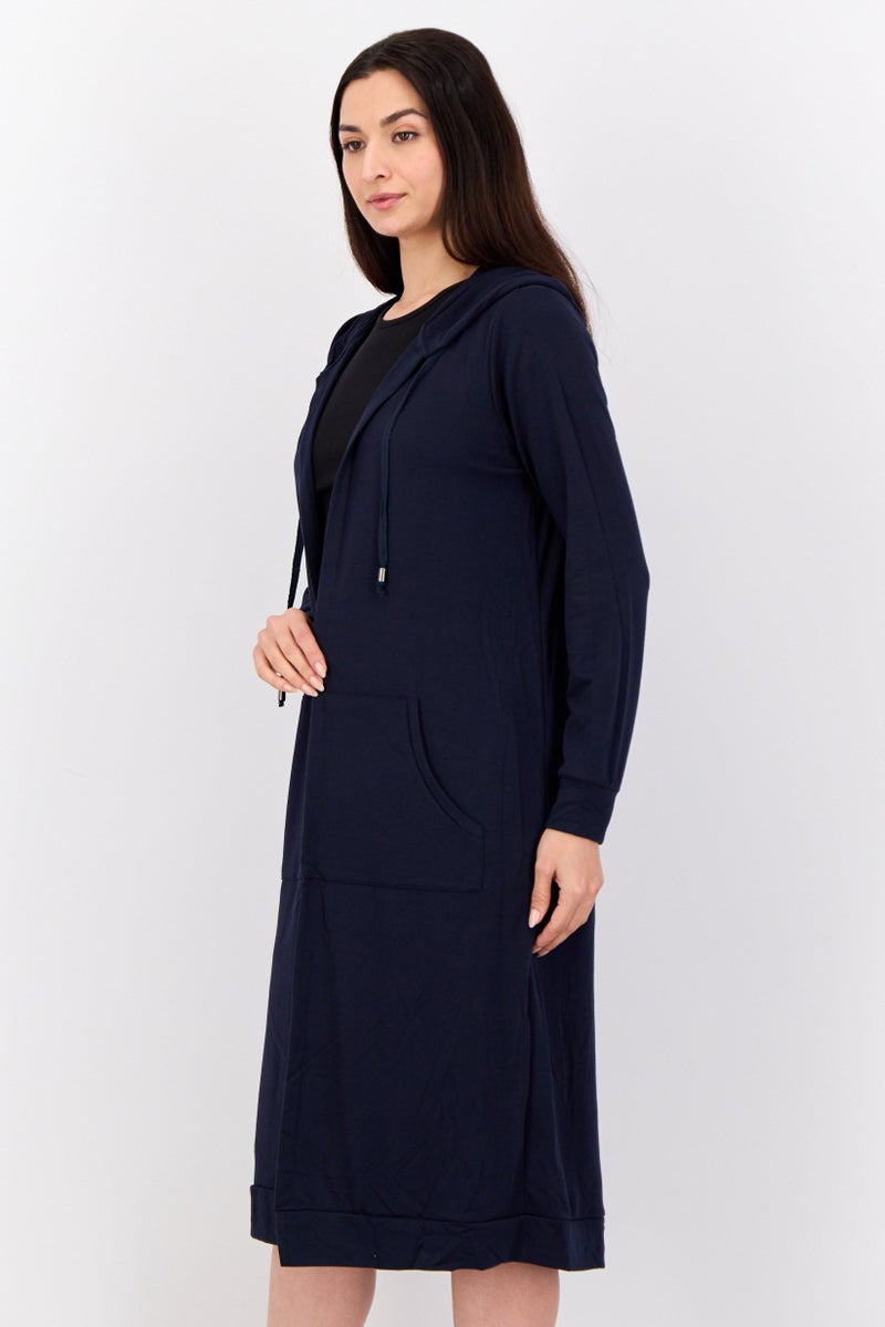 Cyrus Women Hooded Plain Cardigan, Navy - Image 3
