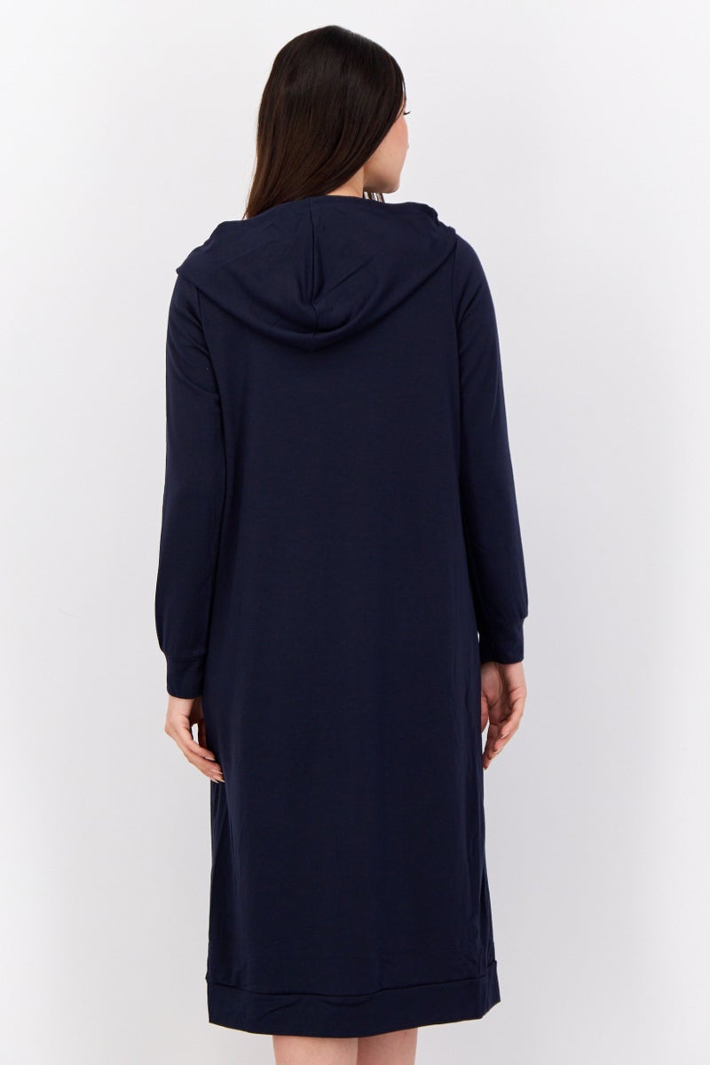 Cyrus Women Hooded Plain Cardigan, Navy - Image 4