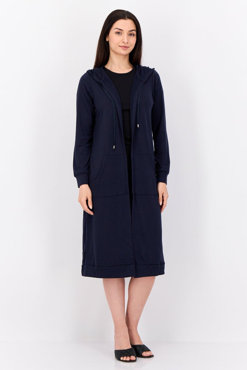 Cyrus Women Hooded Plain Cardigan, Navy - Image 2