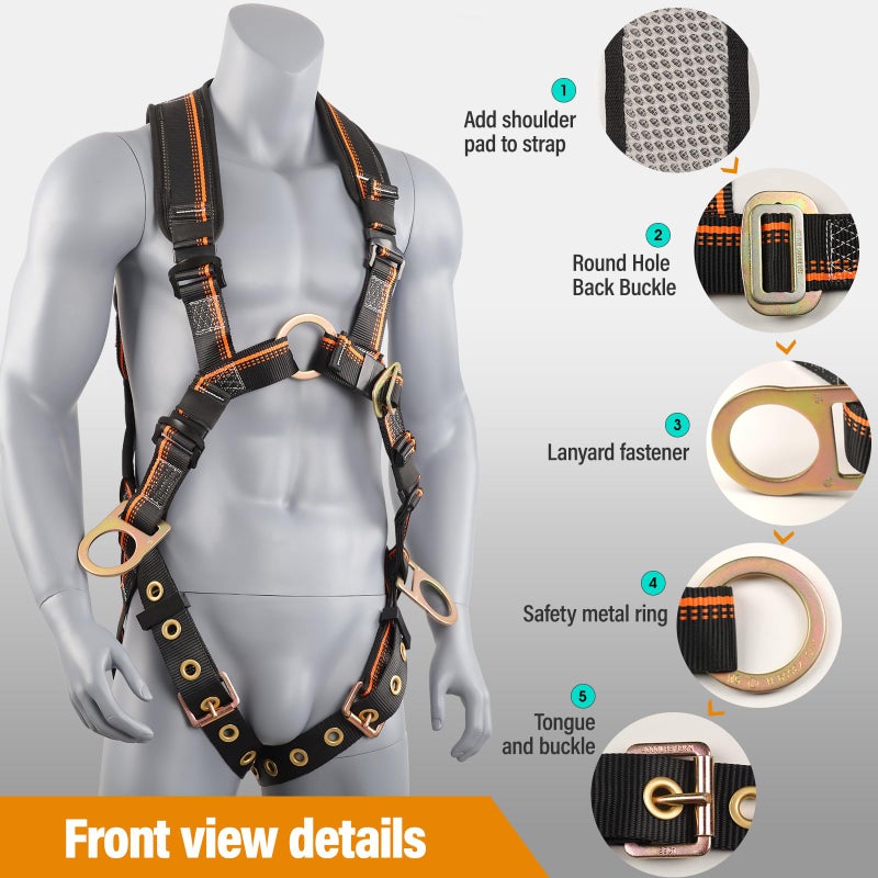 QFU Full Body Safety Harness & Fall Protection Kit with Padded Straps, ANSI Compliant, Includes Shock-Absorbing Lanyard for Roofing, Construction and Industrial Use - Image 2