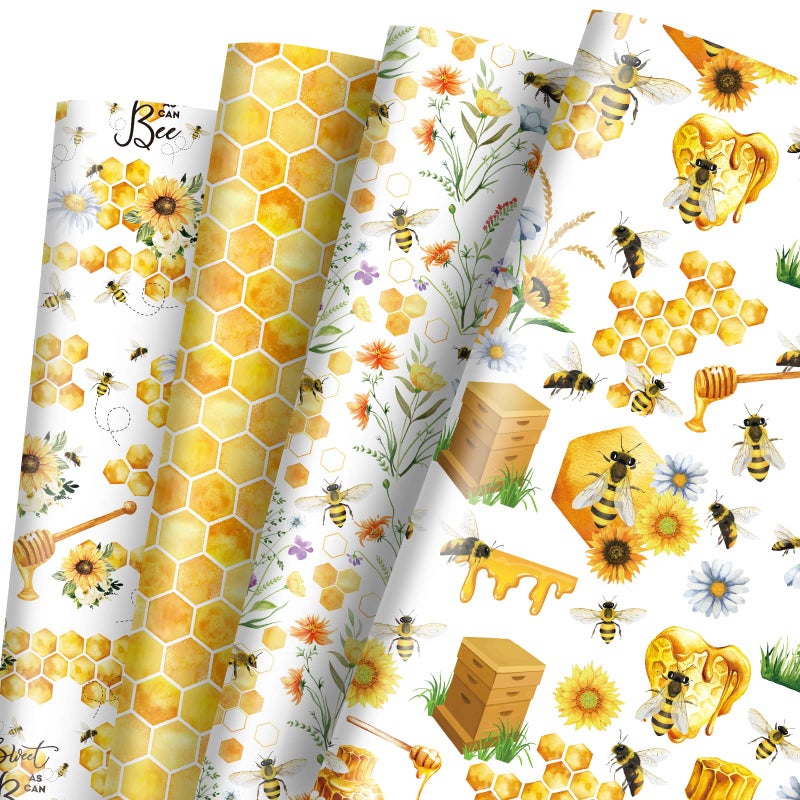 Whaline 12 Sheet Bee Wrapping Paper Honeybee Sunflower Gift Wrap Paper Watercolor BumbleBee Honeycomb Folded Decorative Paper for Summer Baby Shower Birthday Craft Gift DIY Decor 197 x 276 Inch