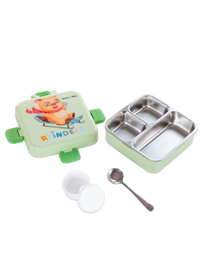 Nova Kids Stainless Steel 3 Compartment Bento Lunch Box w/ Spoon and Sauce Box - Reindeer Green - Image 1
