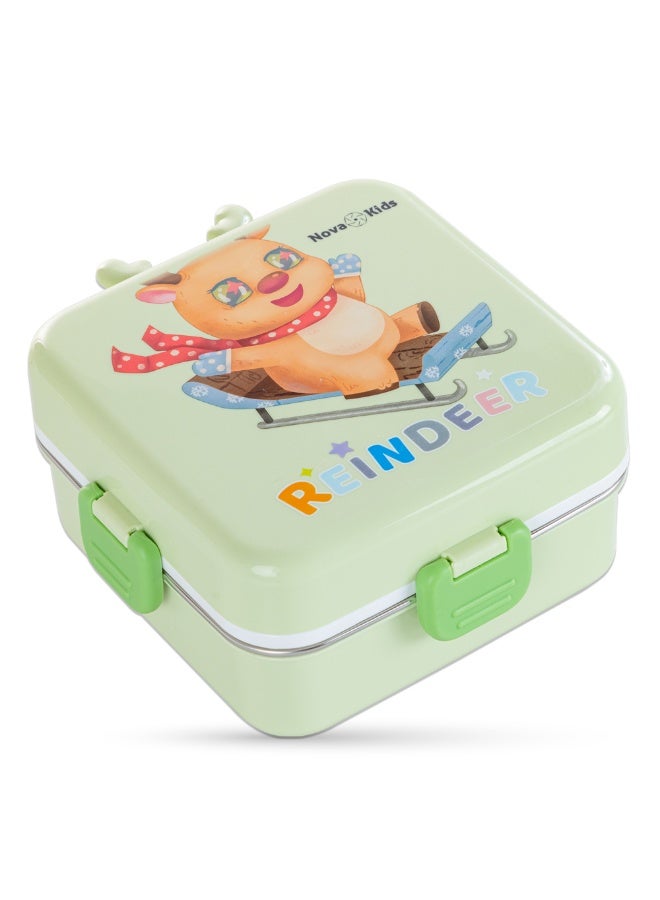 Nova Kids Stainless Steel 3 Compartment Bento Lunch Box w/ Spoon and Sauce Box - Reindeer Green - Image 3