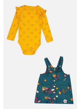 Toddlers Girl 2 Piece Floral Dress And Long Sleeves Top, Green
