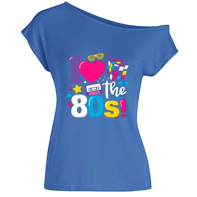 Amazon European and American feelings I Love 80s letters love Rubiks cube radio printing feelings oblique collar T-shirt Light blue