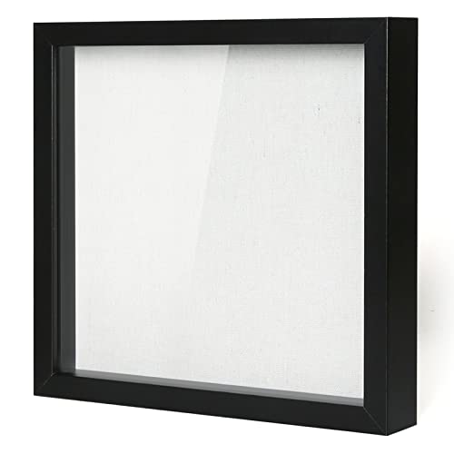 Muzilife 12x12 Shadow Box Picture Frame with Linen Board - Deep Wood & Tempered Glass Display Case Memory Box Baby Sports Memorabilia, Pins, Awards, Medals, Wedding, Tickets and Photos (Black) - Image 1