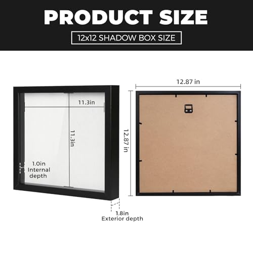 Muzilife 12x12 Shadow Box Picture Frame with Linen Board - Deep Wood & Tempered Glass Display Case Memory Box Baby Sports Memorabilia, Pins, Awards, Medals, Wedding, Tickets and Photos (Black) - Image 3