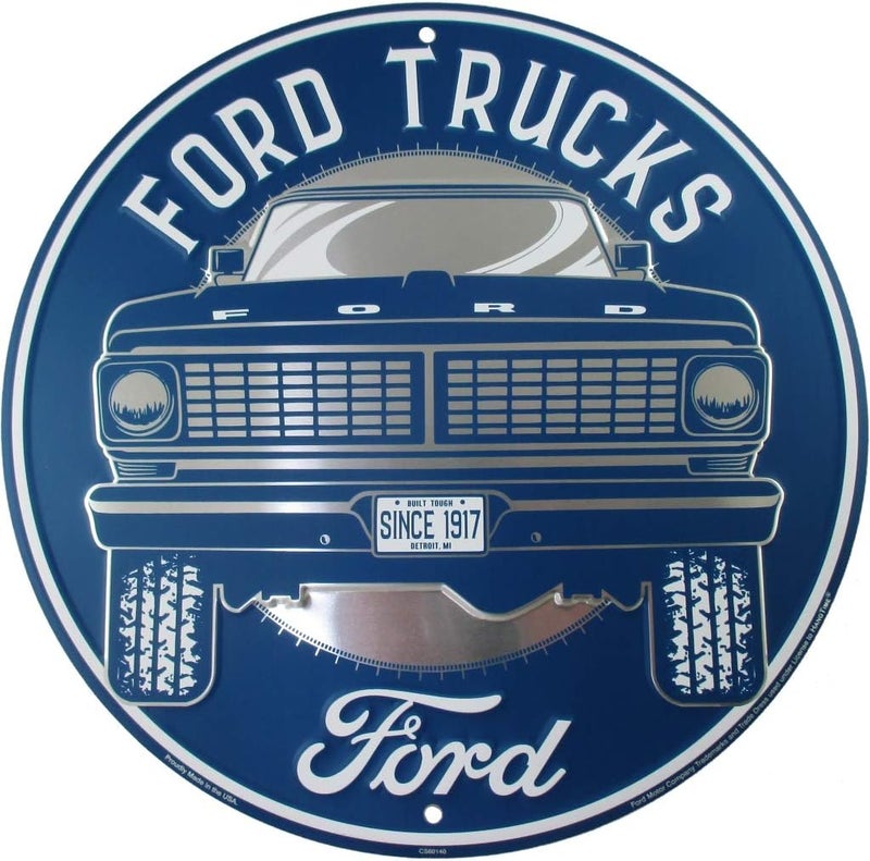 Ford Truck Sign, Vintage Metal Decor with Classic Old F-Series Pick-Up, 12 Inch Round Wall Art