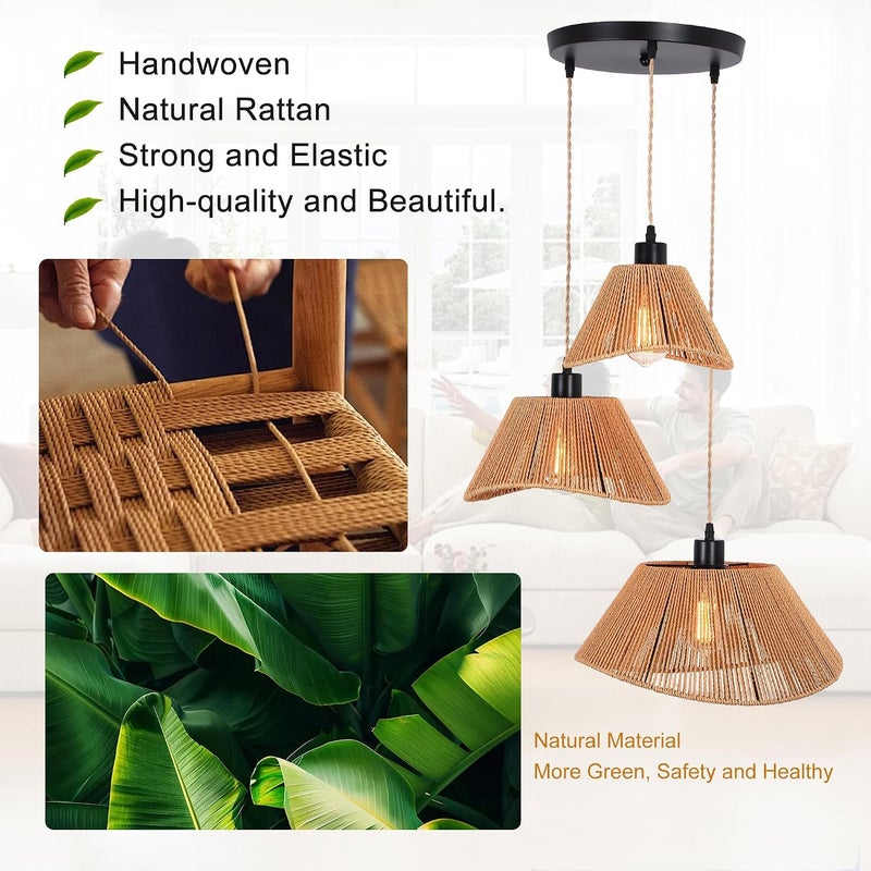 Garwarm Rattan Pendant Light Boho Hanging Light,3-Lights Handmade Pendant Light Fixture Adjustable Farmhouse Twine Shade Chandelier for Living Dining Room Kitchen Bar coffee Foyer Hallway 41 +31+23cm - Image 4