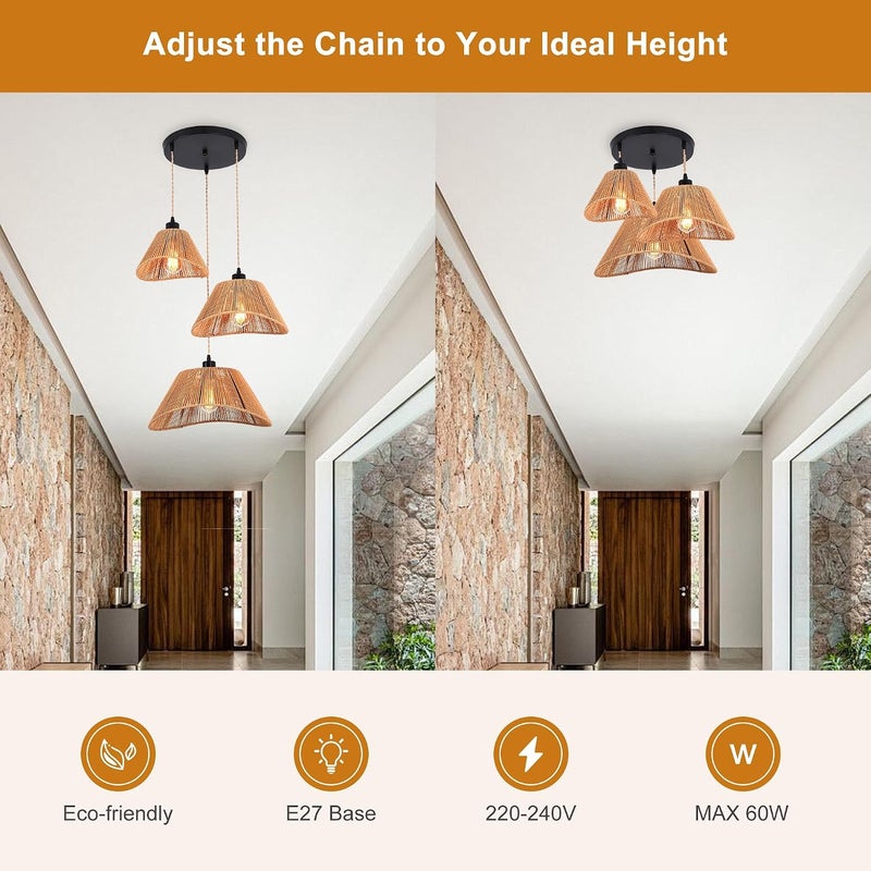 Garwarm Rattan Pendant Light Boho Hanging Light,3-Lights Handmade Pendant Light Fixture Adjustable Farmhouse Twine Shade Chandelier for Living Dining Room Kitchen Bar coffee Foyer Hallway 41 +31+23cm - Image 2