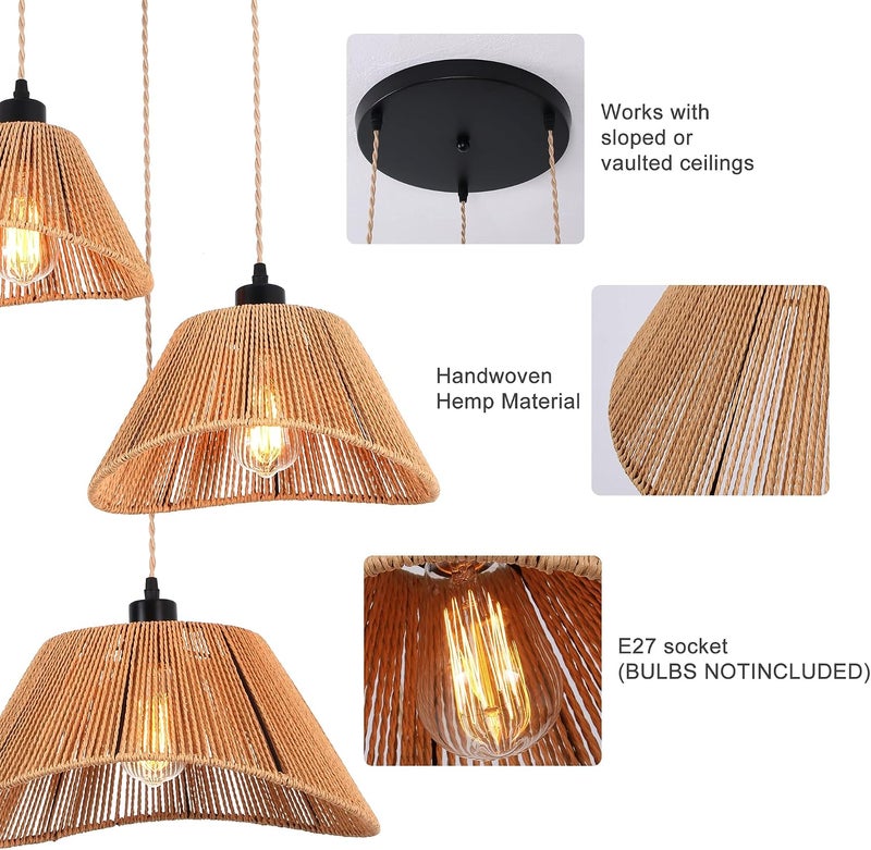 Garwarm Rattan Pendant Light Boho Hanging Light,3-Lights Handmade Pendant Light Fixture Adjustable Farmhouse Twine Shade Chandelier for Living Dining Room Kitchen Bar coffee Foyer Hallway 41 +31+23cm - Image 5