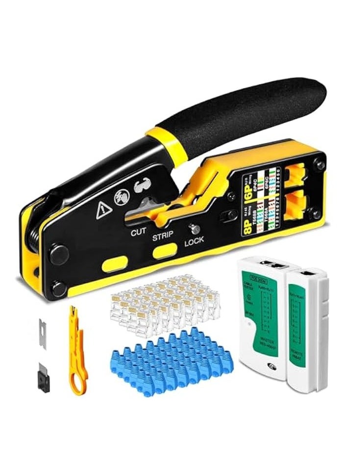 PROMASS RJ45 Crimp Tool Pass Through Kit - Comprehensive Crimping Tool Set for RJ11/12/RJ45 with LAN Cable Tester and CAT6 Connectors, 50PCS  - Image 1