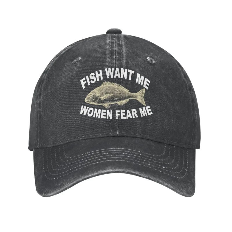 Fish Want Funny Slogan Vintage Washed Baseball Cap - Image 1