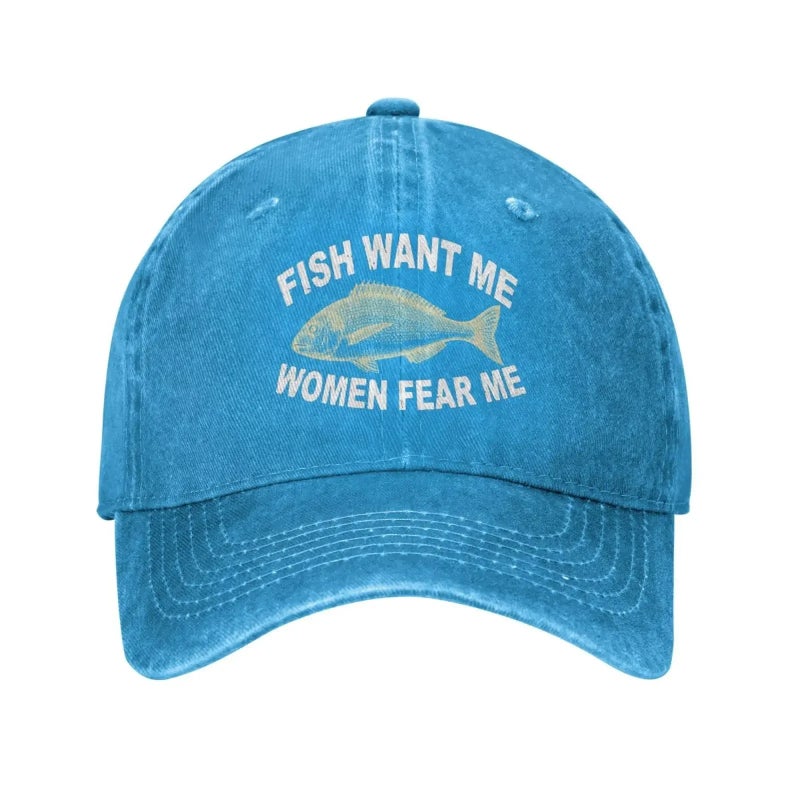 Fish Want Funny Slogan Vintage Washed Baseball Cap - Image 4