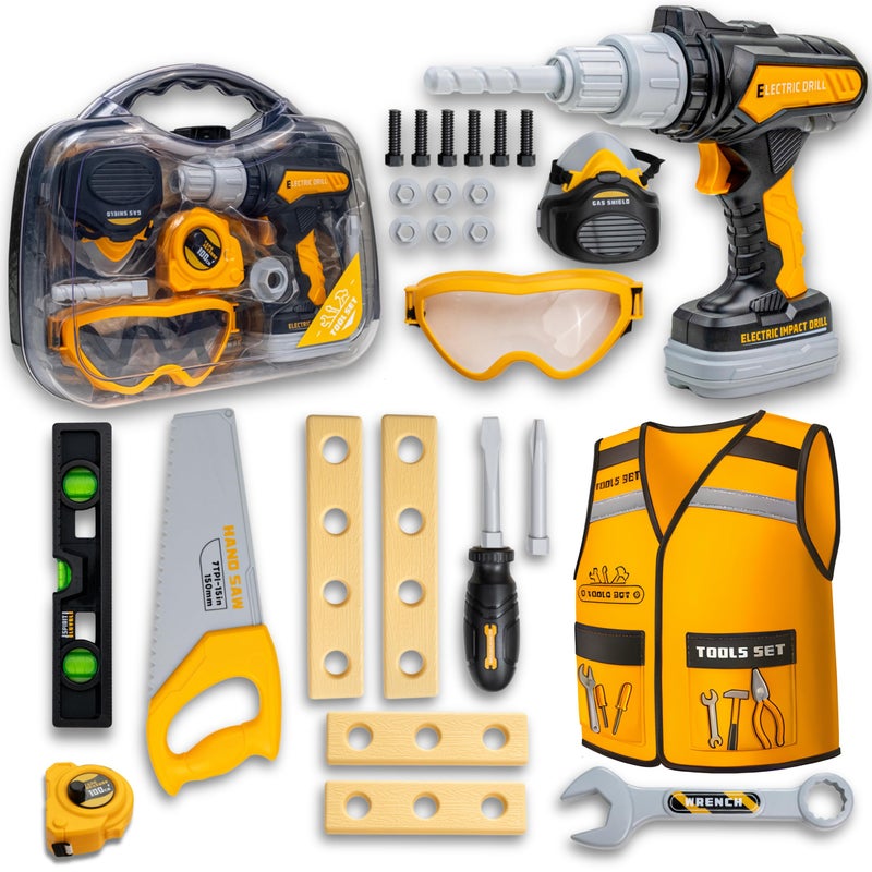 TOMLEON Kids Tool Set with Carrying Case Electronic Toy Drill with Bits Construction Vest Pretend Play Kit with Safety Googles Gas Shield Tape Measure Saw Bubble Level Screwdriver Nuts Bolts - Image 3
