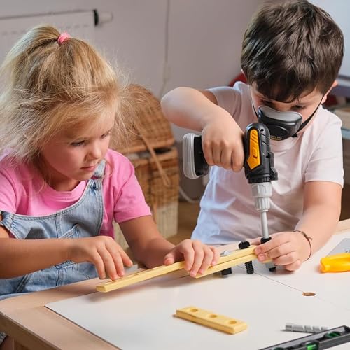 TOMLEON Kids Tool Set with Carrying Case Electronic Toy Drill with Bits Construction Vest Pretend Play Kit with Safety Googles Gas Shield Tape Measure Saw Bubble Level Screwdriver Nuts Bolts - Image 5