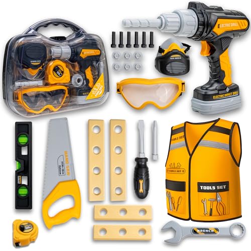 TOMLEON Kids Tool Set with Carrying Case Electronic Toy Drill with Bits Construction Vest Pretend Play Kit with Safety Googles Gas Shield Tape Measure Saw Bubble Level Screwdriver Nuts Bolts - Image 1