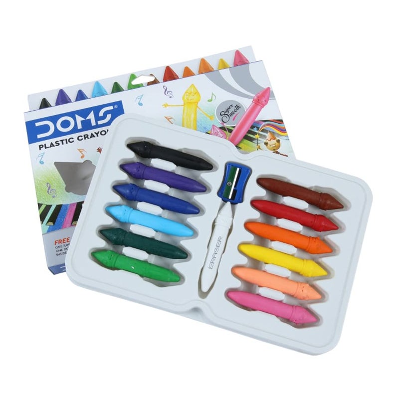 Doms 12 Shades Dommymate Plastic Crayons | Can Be Erased & Sharped | Keep Fingers Clean & Non Messy | Free Sharpner & Eraser Inside | Bright & Vibrant Colors | Pack of 1 - Image 2