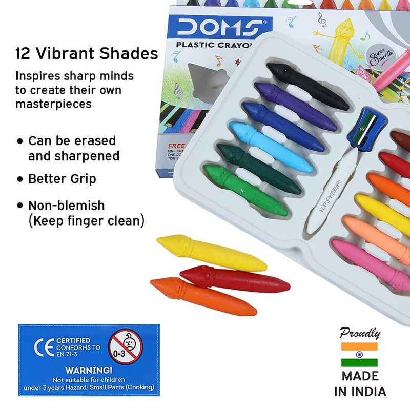 Doms 12 Shades Dommymate Plastic Crayons | Can Be Erased & Sharped | Keep Fingers Clean & Non Messy | Free Sharpner & Eraser Inside | Bright & Vibrant Colors | Pack of 1 - Image 3