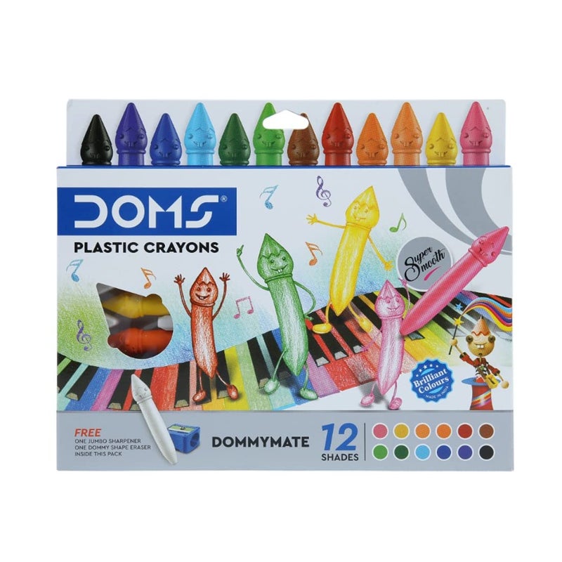 Doms 12 Shades Dommymate Plastic Crayons | Can Be Erased & Sharped | Keep Fingers Clean & Non Messy | Free Sharpner & Eraser Inside | Bright & Vibrant Colors | Pack of 1 - Image 1