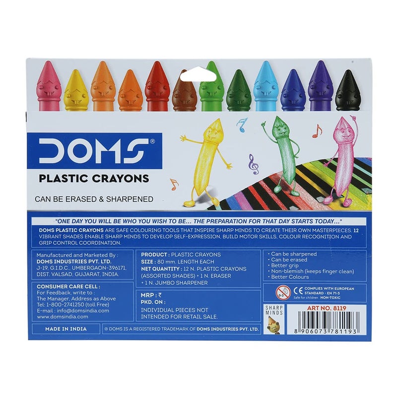 Doms 12 Shades Dommymate Plastic Crayons | Can Be Erased & Sharped | Keep Fingers Clean & Non Messy | Free Sharpner & Eraser Inside | Bright & Vibrant Colors | Pack of 1 - Image 5