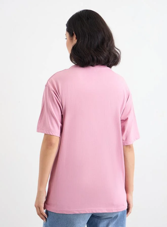 Styli Pink Styli Pink Embroidered Detail Oversized T-Shirt for Women | Best Price UAE