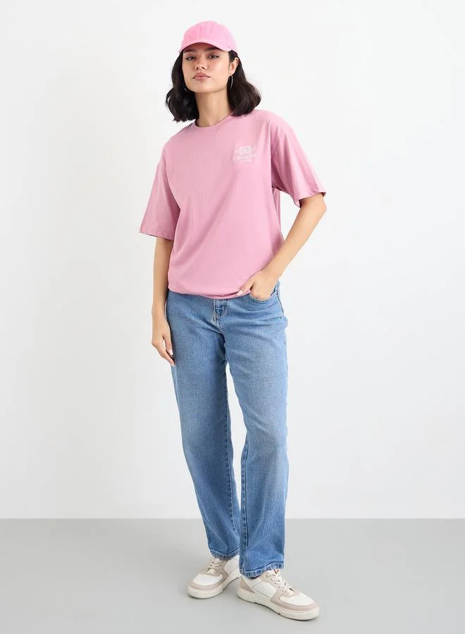 Styli Pink Styli Pink Embroidered Detail Oversized T-Shirt for Women | Best Price UAE