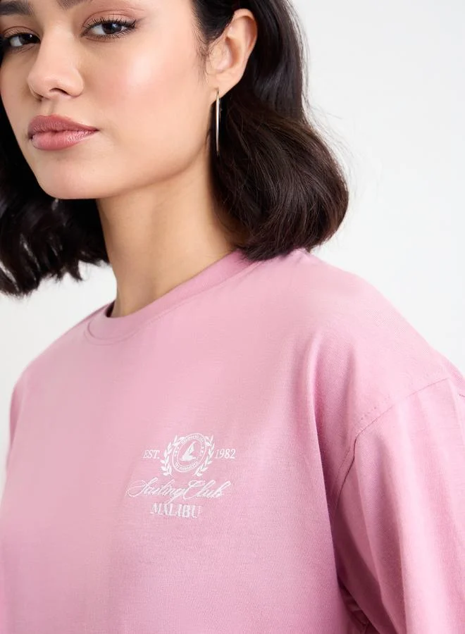 Styli Pink Styli Pink Embroidered Detail Oversized T-Shirt for Women | Best Price UAE
