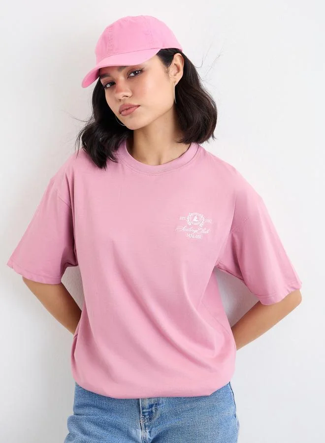 Styli Pink Styli Pink Embroidered Detail Oversized T-Shirt for Women | Best Price UAE