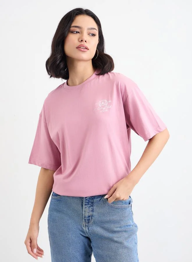 Styli Pink Embroidered Detail Oversized T-Shirt