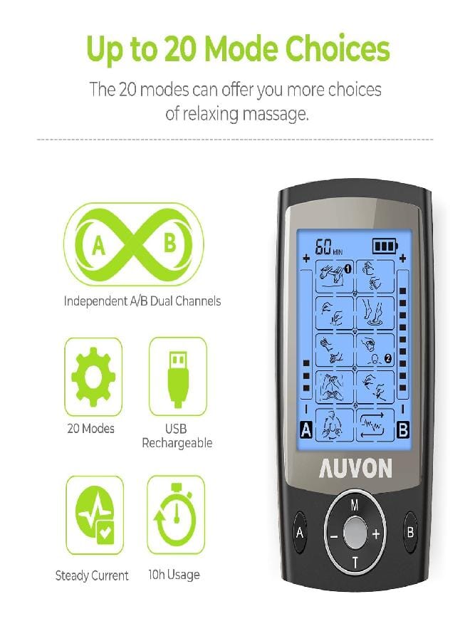 AUV0N AUVON Dual Channel TENS Unit Muscle Stimulator Machine with 20 Modes, 2" and 2"x4" TENS Unit Electrode Pads (Black) - Image 4