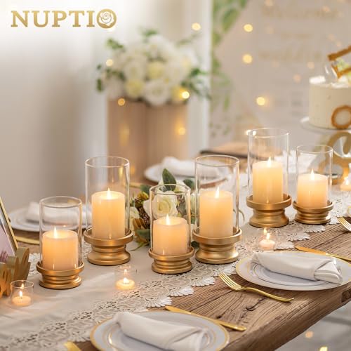 NUPTIO Hurricane Candle Holder Gold: Set of 2 Pillar Candle Holders with Clear Glass Sleeve - Decorative Brass Metal Pillars Stands for Fall Thanksgiving Christmas Holiday Dining Table Centerpiece - Image 3