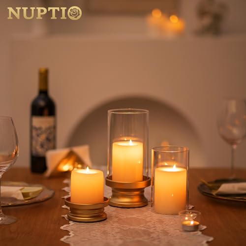 NUPTIO Hurricane Candle Holder Gold: Set of 2 Pillar Candle Holders with Clear Glass Sleeve - Decorative Brass Metal Pillars Stands for Fall Thanksgiving Christmas Holiday Dining Table Centerpiece - Image 2