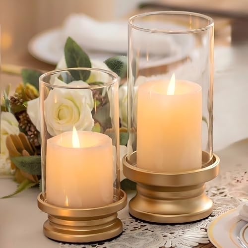 NUPTIO Hurricane Candle Holder Gold: Set of 2 Pillar Candle Holders with Clear Glass Sleeve - Decorative Brass Metal Pillars Stands for Fall Thanksgiving Christmas Holiday Dining Table Centerpiece - Image 1